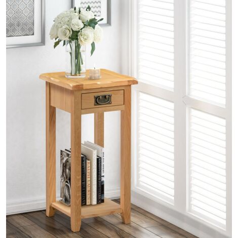 Hallowood Furniture Monchique Small Oak Side Table with Drawer and Shelf, Wooden Lamp or Telephone Table for Living Room or Bedroom, Narrow Console Tables for Hallway or Entryway