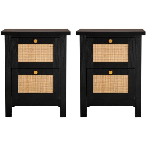 Hallowood Furniture Newquay Black Bedside Table with 2 Drawers and Rattan Front Set of 2, Wooden Storage Unit, Side Table, Lamp Table, Nightstand, Narrow Chest of Drawer for Living Room