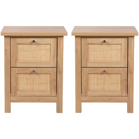 Hallowood Furniture Newquay Oak Effect Bedside Table with 2 Drawers and Rattan Front Set of 2, Narrow Bedside Table, Lamp Table, Bedroom Storage Unit, Nightstand, Side Table for Living Room
