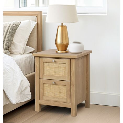 Hallowood Furniture Newquay Oak Effect Bedside Table with Rattan Front, 2-Drawer Side Table for Bedroom or Living Room, Narrow Nightstand, Compact Decorated Rattan Bedroom Furniture
