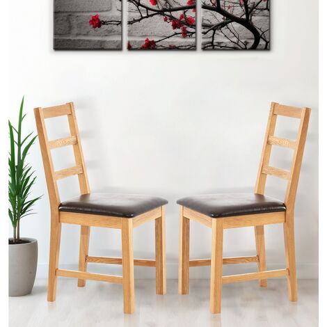 Hallowood Furniture Oak Dining Chairs Set of 2 with Brown Bonded Leather Seat Pad, Modern & Stylish Ladder Back Solid Wooden Oak Small Kitchen Dining Room Chairs for Home, Restaurant and Café