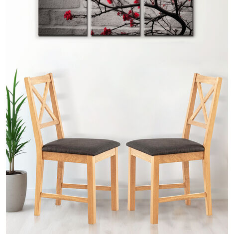 Hallowood Furniture Oak Dining Chairs Set of 2 with Charcoal Grey Linen Fabric Seat Pad, Modern & Stylish Cross Back Solid Wooden Oak Small Kitchen Dining Room Chairs for Home, Restaurant and Café