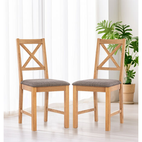 Hallowood Furniture Oak Dining Chairs Set of 2 with Grey Linen Fabric Seat Pad, Modern & Stylish Cross Back Solid Wooden Oak Small Kitchen Dining Room Chairs for Home, Restaurant and Café