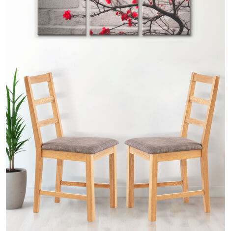 Hallowood Furniture Oak Dining Chairs Set of 2 with Grey Linen Fabric Seat Pad, Modern & Stylish Ladder Back Solid Wooden Oak Small Kitchen Dining Room Chairs for Home, Restaurant and Café