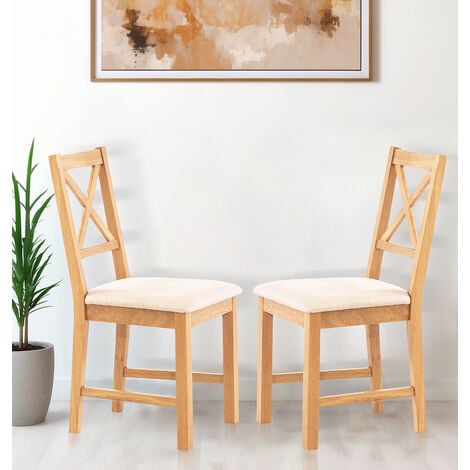 Hallowood Furniture Oak Dining Chairs Set of 2 with Natural Beige Linen Fabric Seat Pad, Modern & Stylish Cross Back Solid Wooden Oak Small Kitchen Dining Room Chairs for Home, Restaurant and Café