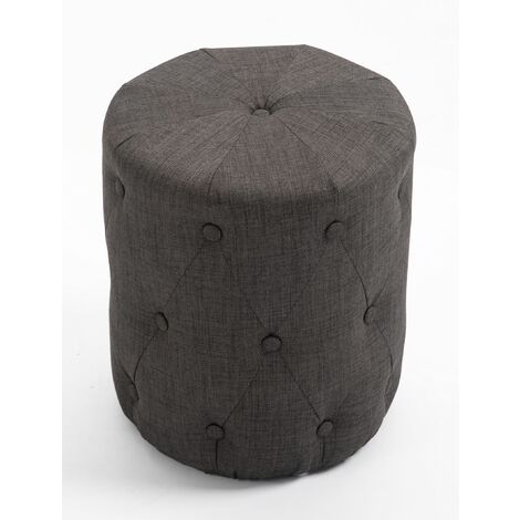 Hallowood Furniture Premium Padded Round Foot Stool in Charcoal Grey Color - Linen Fabric Wooden Dressing Stool for Living Room & Bedroom - Ottoman Stool with Button Design - Pouffe - Shoe Stool