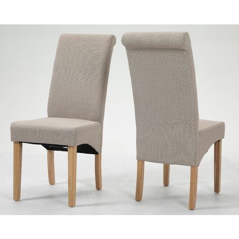 Hallowood Furniture Premium Roll Top Linen Fabric Dining Chairs Set of 2 in Beige Colour - Dining Chair with Solid Wooden Legs - Modern Kitchen Chairs for Dining Room, Home, Restaurant & Café