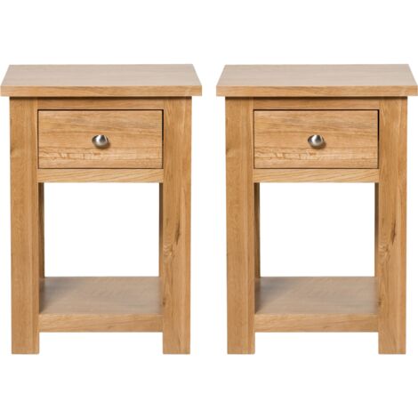 Hallowood Furniture Set of 2 Waverly Oak Lamp Tables with Drawer and Lower Shelf, Solid Wooden Oak Side Table, Light Oak Plant Stand, Nightstand, Fully Assembled Bedside and Living Room Furniture