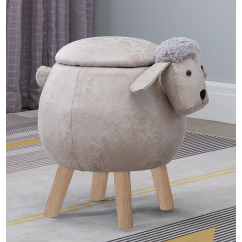 Hallowood Furniture Sheep Round Storage Stool with Wooden Legs, Brown Fabric Animal Storage Ottoman with Lid, Cushioned Foot Stool for Kids and Adults, Footstool for Bedroom or Living Room