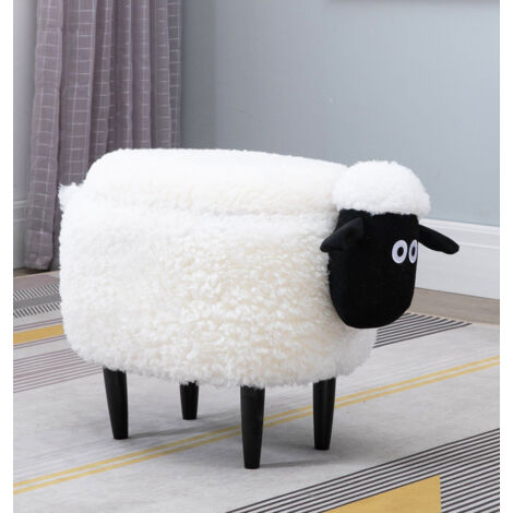 Hallowood Furniture Upholstered Sheep Foot Stool for Kids and Adults in White Fabric, Animal Storage Ottoman with Lid and Wooden Legs for Living Room, Toy Storage Chest for Bedroom
