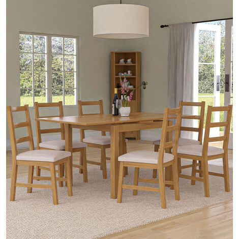 Hallowood Furniture Waverly Extendable Oak Dining Table and Chairs Set 6, Rectangular Small Kitchen Table and Chairs with Ladder Back and Beige Fabric Padded Seats for Home and Café