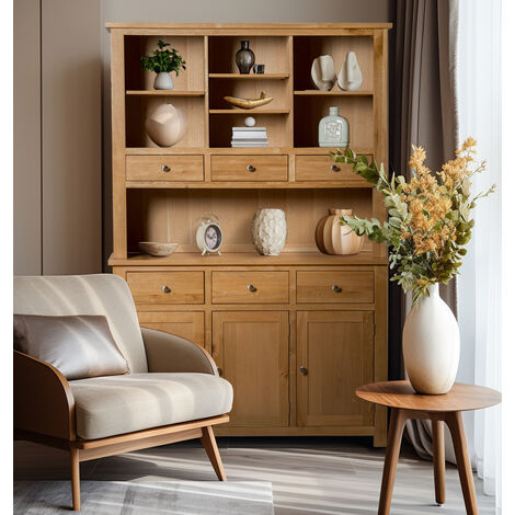 Hallowood Furniture Waverly Large Oak Display Cabinet, Light Oak Sideboard with Top, 3-Door Cupboard, 6 Drawers & Open Shelves, Solid Wooden Dresser Unit for Living Room, Kitchen or Dining Room