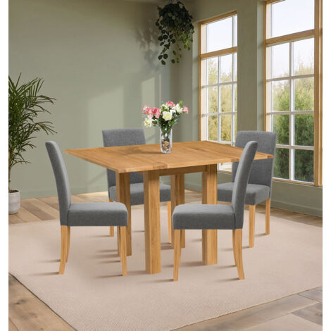 Hallowood Furniture Waverly Light Oak Dining Table and Chairs Set 4, Small Folding or Extending Kitchen Table and Chairs in Straight Back and Upholstered Grey Fabric for Home and Café