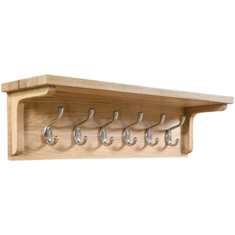 Hallowood Furniture Waverly Oak Coat Rack, Solid Wooden Wall Mounted Coat Hanger with 6 Metal Hooks for Jackets, Clothes & Hat, Light Oak Shelf with Hooks for Hallway, Entryway, and Living Room