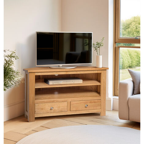 Hallowood Furniture Waverly Oak Corner TV Unit with 2 Drawers and Shelf, Solid Wooden TV Stand Cabinet for Media Storage and Consoles, Compact Light Oak Living Room Furniture