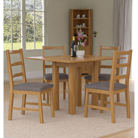 Hallowood Furniture Waverly Oak Dining Table and Chairs Set 4, Small Folding or Extending Square Kitchen Table and Chairs with Ladder Back and Steel Grey Fabric Padded Seats for Home and Café