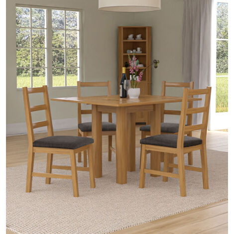 Hallowood Furniture Waverly Oak Dining Table and Chairs Set 4, Small Square Extending or Folding Kitchen Table and Chairs with Ladder Back and Charcoal Fabric Padded Seats for Home and Café