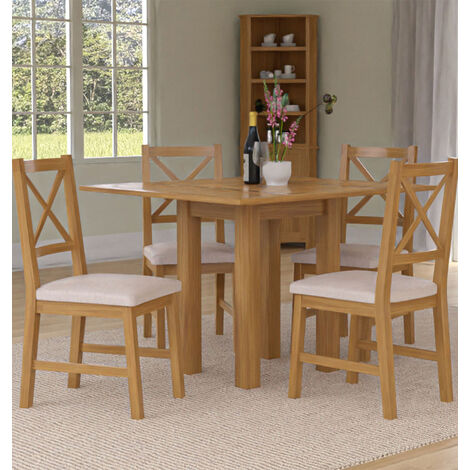 Hallowood Furniture Waverly Oak Dining Tables and Chairs Set of 4, Light Oak Small Folding Table and Cross Back Chair in Beige Fabric Seat, Extendable Table and Chairs for Home and Cafe