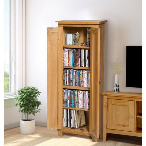 Hallowood Furniture Waverly Oak DVD Cabinet , Slimline Solid Wood DVD Storage Unit with 2 Doors and 5 Shelves in Lacquered Finish, Narrow Media Storage for Living Room, Bedroom, or Offices