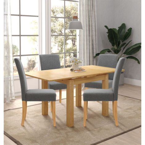 Hallowood Furniture Waverly Oak Extendable Dining Table and Chairs Set 4, Rectangular Small Kitchen Table and Chairs in Straight Back and Upholstered Grey Fabric for Home and Café