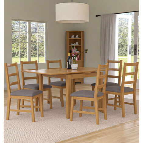 Hallowood Furniture Waverly Oak Extendable Dining Table and Chairs Set 6, Rectangular Small Kitchen Table and Chairs with Ladder Back and Grey Fabric Padded Seats for Home and Café