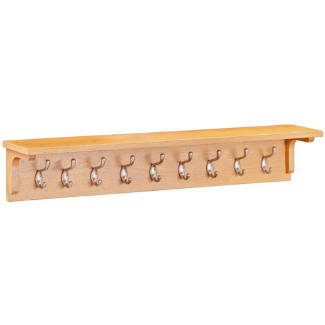 Hallowood Furniture Waverly Oak Large Coat Hanger, Wall Mounted Solid Oak Coat Rack with 9 Metal Hooks for Hats, Jackets, and Clothes, Wooden Shelf with Hooks for Hallway or Living Room