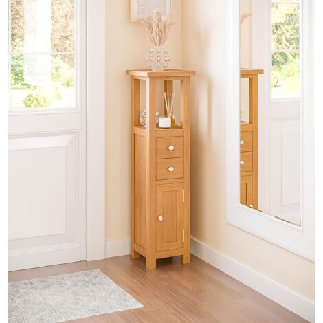 Hallowood Furniture Waverly Oak Open Top Tower Slim Storage Cabinet, Narrow Oak Bathroom Cabinet with 2 Drawers, Cupboard and Shelf, Display Cabinets for Hallway or Small Spaces