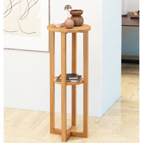Hallowood Furniture Waverly Oak Round Side Table with Shelf, Wooden Narrow Tall Table, Slim Living Room Tables, Solid Oak Side Tables for Bedroom, and Small Spaces, Tall Plant Stand