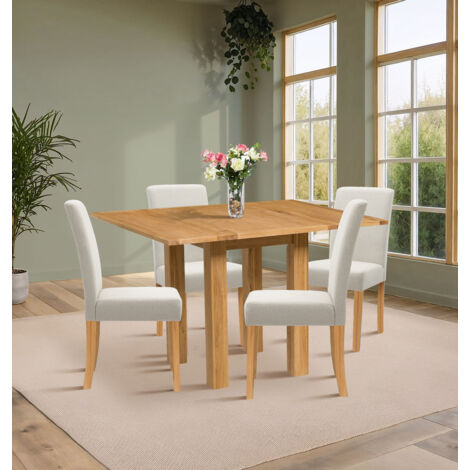 Hallowood Furniture Waverly Oak Small Dining Table and Chairs Set 4, Folding or Extending Kitchen Table and Chairs in Straight Back and Upholstered Beige Fabric for Home and Café