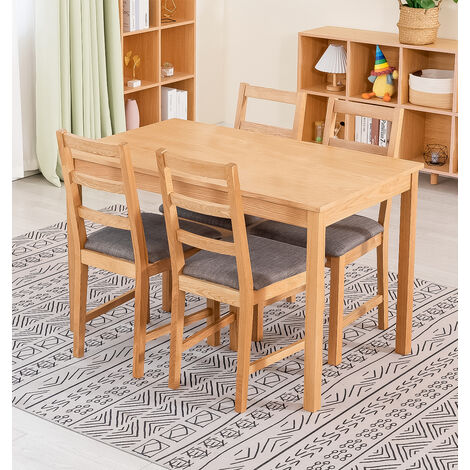 Hallowood Furniture Waverly Oak Small Dining Table and Chairs Set 4, Rectangular Solid Oak Kitchen Table and Chairs with Ladder Back and Grey Fabric Padded Seats for Home and Café