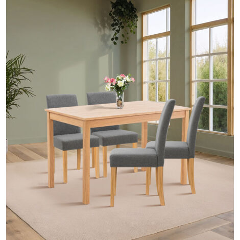 Hallowood Furniture Waverly Oak Small Dining Table and Chairs Set 4, Solid Oak Wooden Rectangular Kitchen Table and Chairs in Straight Back and Upholstered Grey Fabric for Home and Café