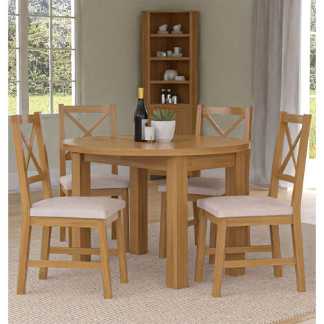 Hallowood Furniture Waverly Oak Small Round Dining Table and Chairs Set 4, Solid Wooden Drop Leaf Table Table and Chairs with Cross Back and Beige Fabric Padded Seats for Home and Café