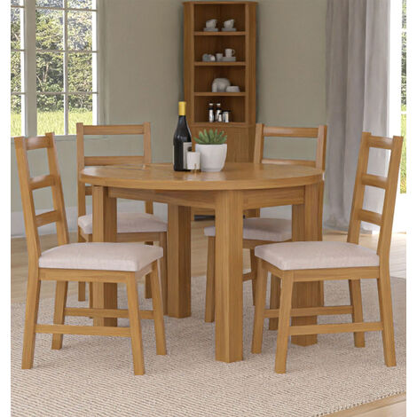 Hallowood Furniture Waverly Oak Small Round Dining Table and Chairs Set 4, Solid Wooden Drop Leaf Table Table and Chairs with Ladder Back and Beige Fabric Padded Seats for Home and Café