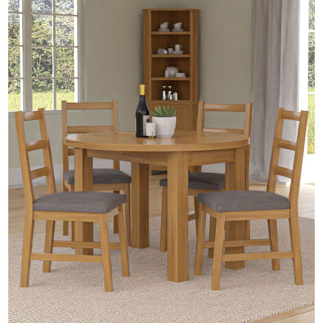 Hallowood Furniture Waverly Oak Small Round Dining Table and Chairs Set 4, Solid Wooden Drop Leaf Table Table and Chairs with Ladder Back and Grey Fabric Padded Seats for Home and Café