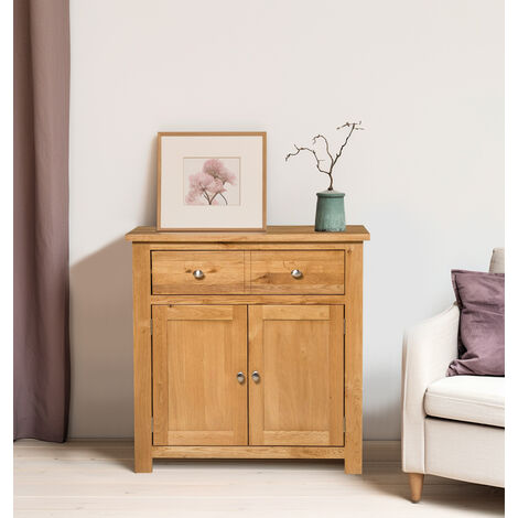 Hallowood Furniture Waverly Oak Small Sideboard with 2 Drawer and Cupboard – Solid Wooden Sideboard with 1 Adjustable Shelf - Storage Cabinet for Bedroom and Living Room – Compact Storage Dresser