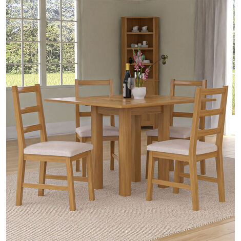 Hallowood Furniture Waverly Small Oak Dining Table and Chairs Set 4, Folding or Extending Square Kitchen Table and Chairs with Ladder Back and Beige Fabric Padded Seats for Home and Café