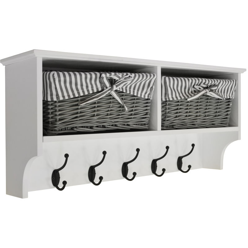 HALLWAY - Wall Storage Shelf with 2 Baskets and 5 Coat Hooks - White / Grey