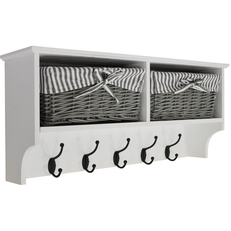 Hallway Wall Storage Shelf With 2 Baskets And 6 Coat Hooks White Grey Ba0917 Baskets And 6 Coat Hooks White Grey