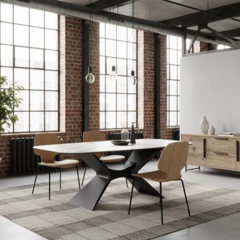 Halo, Tavolo fisso con top in Ceramica su vetro Marmo calacatta (110cm X 220cm H. 75cm)  Duzzle