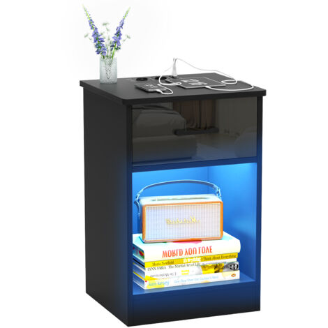 Haloyo® 1er Set Nachttisch mit 1 Schublade, Nachttisch, Telefontisch, Steckdosen, Holzdeko, für Wohnzimmer, Schlafzimmer, Büro, 40x35x60cm, Schwarz
