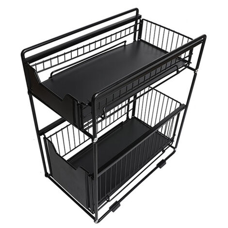 Haloyo 2-stufiges Schieberegal, 2-stufige Netz-Schiebekörbe, 2 Körbe, für Badezimmer, Küche, Theke, Schrank, Schwarz