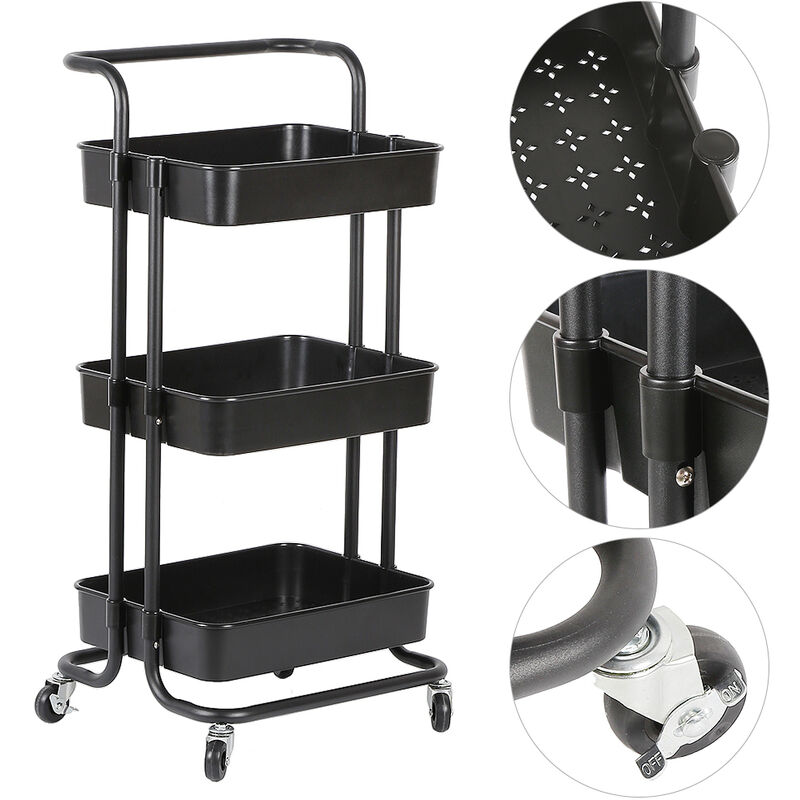 3 Niveaux Chariot Roulant, Meuble de Rangement Mobile, Commode sur roulettes, pour Cuisine, Salle de Bain, Bureau, noir - Haloyo