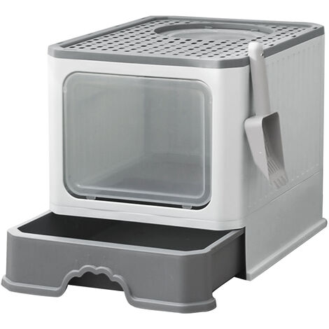 Haloyo Bac à litière pliable pour chat,Maison de Toilette pour Chat,avec Toit Ouvrant et Pelle,gris