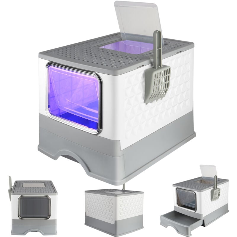 Bac à litière pour chat, Stérilisation Maison de toilette pliable pour chat, tiroir à litière coulissant, pelle ,52x39x39cm, gris - Haloyo