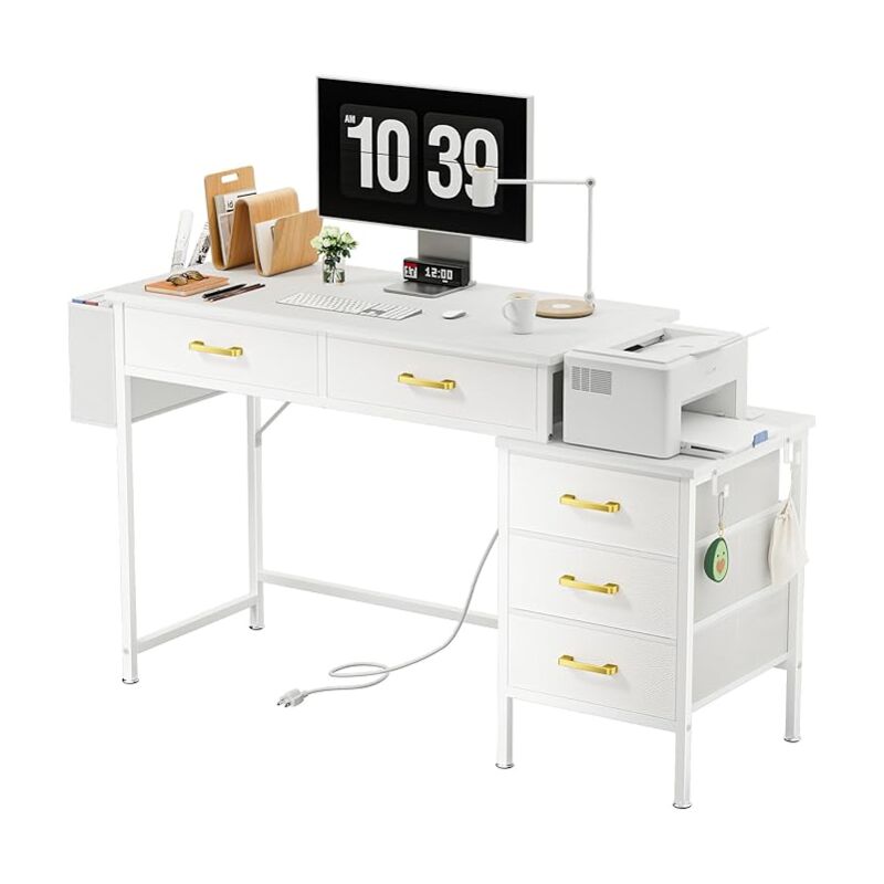 Haloyo - Bureau d'ordinateur avec 5 tiroirs et prise intégrée, Design pratique et fonctionnel pour bureau, salon ou chambre, idéal pour le rangement