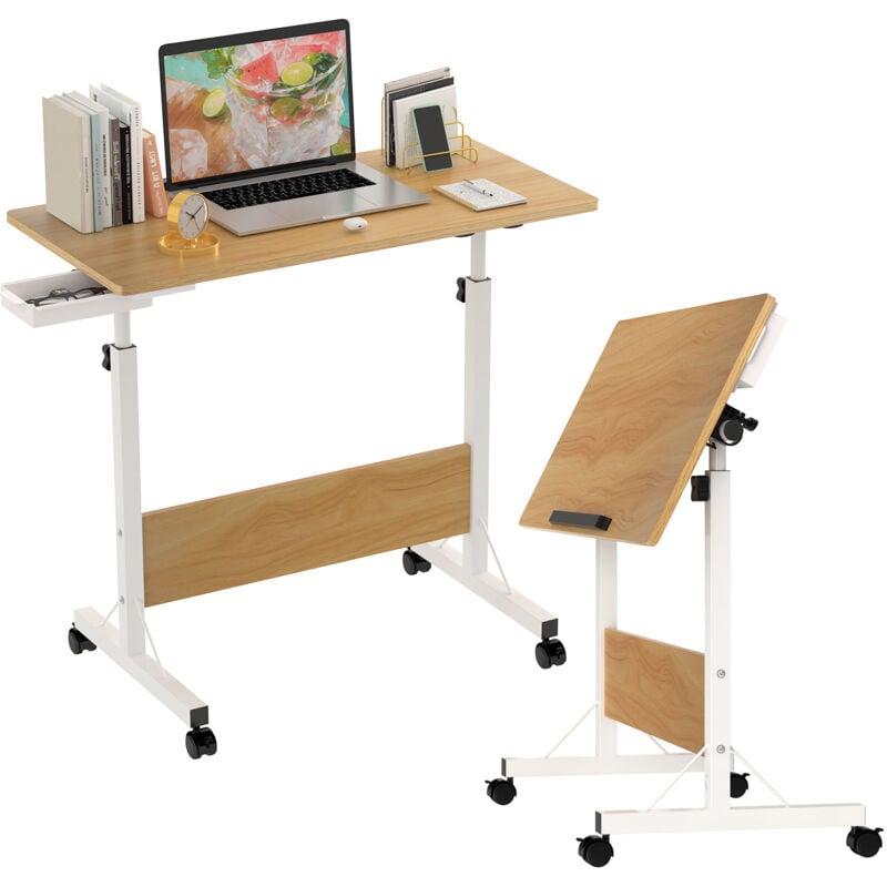 Haloyo® Bureau d'Ordinateur Mobile Réglable en Hauteur avec Roulettes, Bureau table, Table à Plateau Large pour Télétravail, 80x40x64-89cm, Couleur