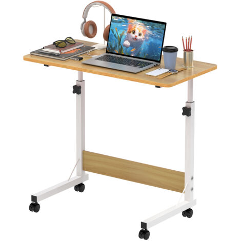 Haloyo® Bureau d'Ordinateur Mobile Réglable en Hauteur avec Roulettes, Bureau table, Table à Plateau Large pour Télétravail, 80x40x69-89cm, Couleur du bois