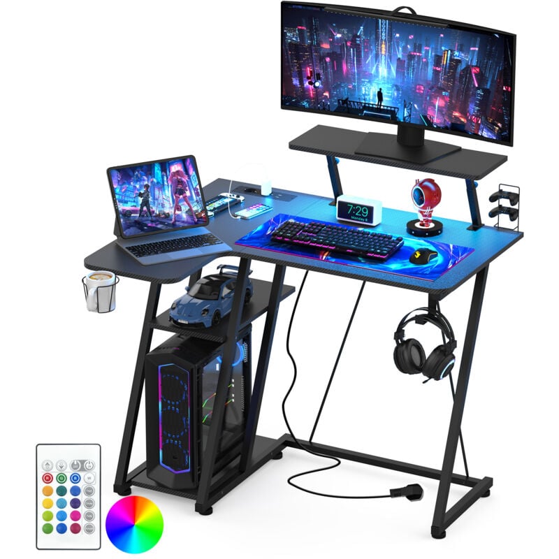 Haloyo - Bureau Gamer Professionnel avec Support d'Écran Réglable, Éclairage led, Prises eu, Porte-Gobelet Rotatif et Porte-Casque, Design Noir pour