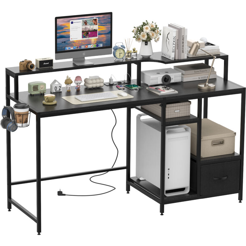 Haloyo® Bureau moderne avec prise de courant,Bureau d'ordinateur, Table d'ordinateur, Bureau avec Étagères, 140x50x91cm, noir