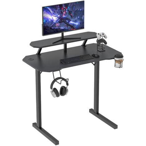 Haloyo® Computerschreibtisch mit Carbon-Oberfläche, Kopfhörerhalter & Fußstütze, Gaming Desk 100×55×74 cm, schwarz
